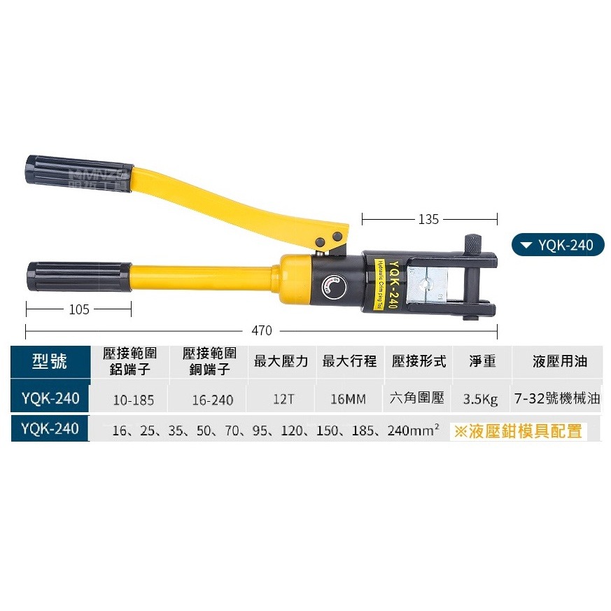 【現貨】整體式手動液壓鉗 壓線鉗 YQK系列 油壓 電纜線 銅鼻壓接工具 端子壓接 4~300平方 端子壓接-規格圖9