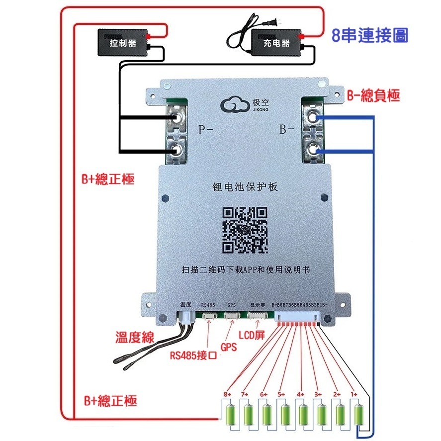 【高雄現貨】極空智能保護板 BMS 4-8串200A持續 APP可調 3.7v三元3.2v鐵鋰。鈦酸 鈉電池-細節圖5