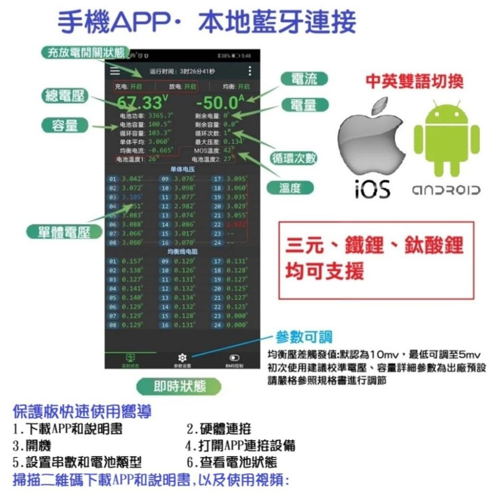 【高雄現貨】極空智能保護板 BMS 8-24串 60A持續 主動均衡 APP可調 3.7v三元3.2v鐵鋰。鈦酸 鈉電池-細節圖4