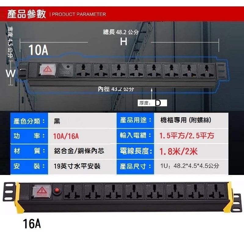 【現貨】19吋 機櫃機架用 八孔插座 鋁合金電源排插 10A PDU 1U8位 電源延長線 含機櫃螺絲 16A 過載保護-細節圖4