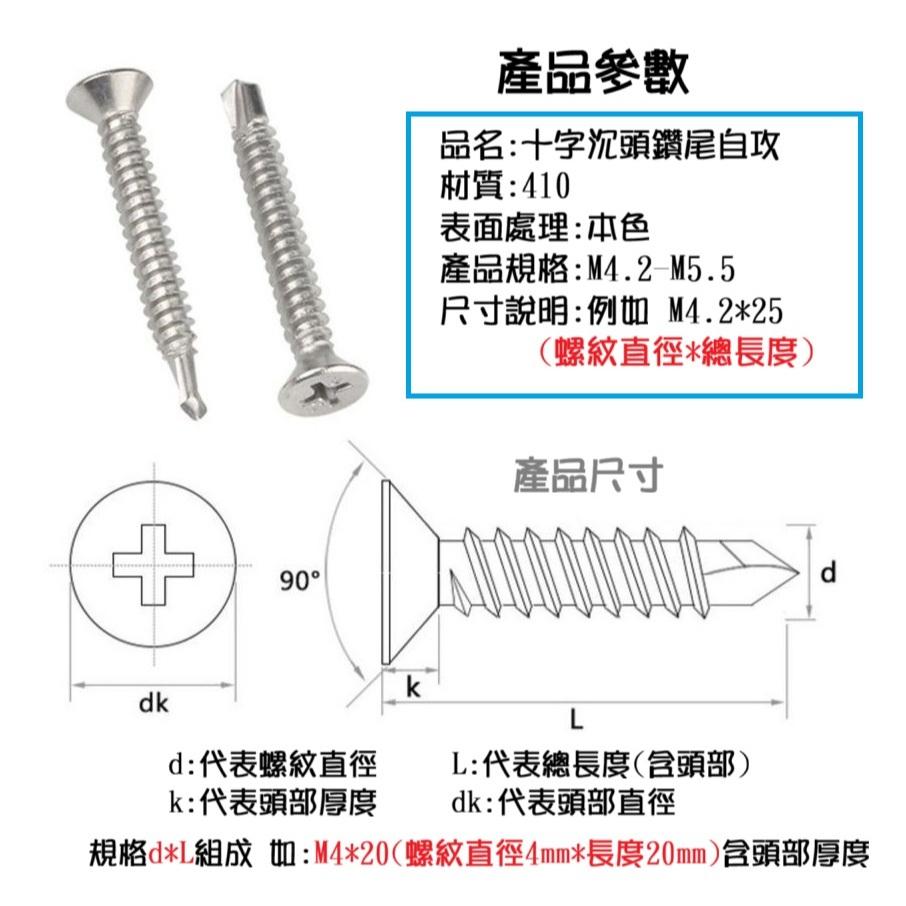 【現貨/常用規格】410白鐵 十字平頭自攻螺絲 沉頭鑽尾螺絲  50/100支 不鏽鋼 M4.2～M5.5-細節圖2