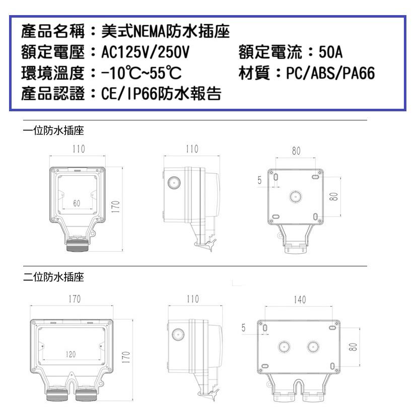 【現貨】美式NEMA 14-50R 防水插座 50A IP66防水防塵 美標工業插座 充電插座 阻燃外殼-細節圖6