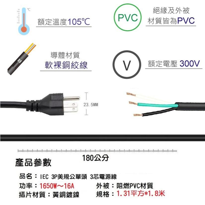 【大量現貨】電源線 美式三插 16AWG 粗線 1.8米 3x1.31mm 16awg 純銅 美規 單公頭 3芯 6尺-細節圖2