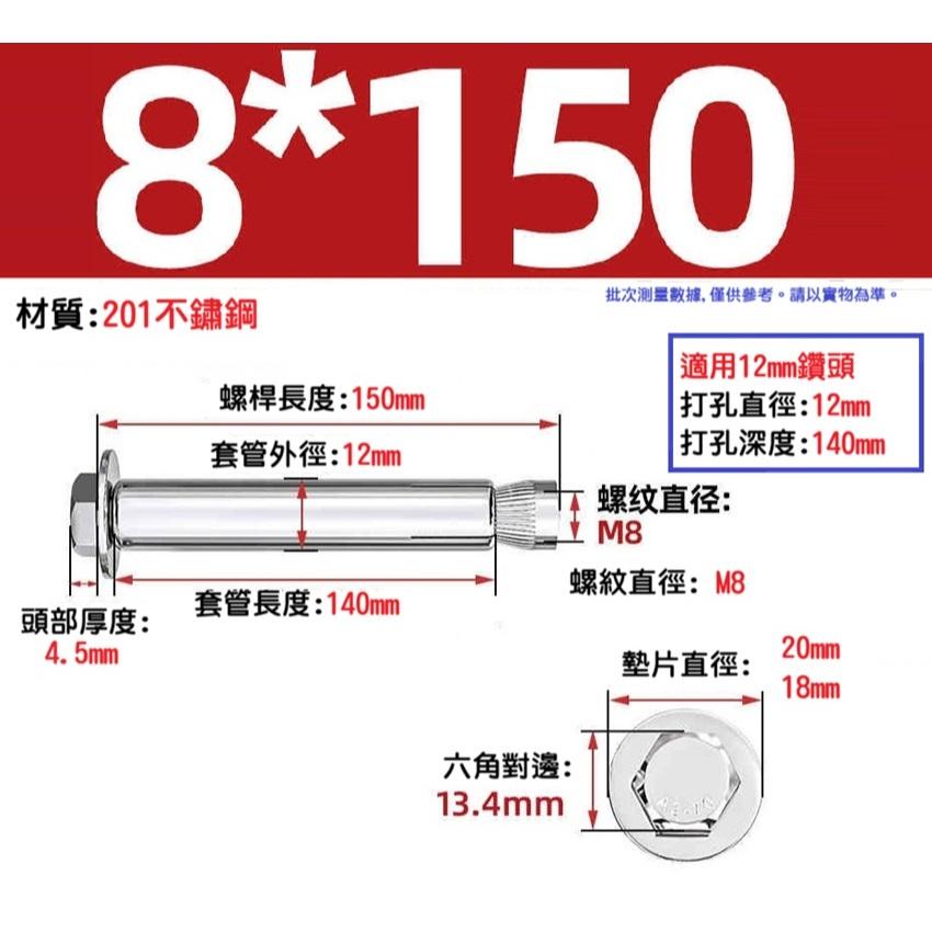 【現貨】白鐵 不鏽鋼 平頭膨脹螺栓 壁虎螺絲 M12公制 膨脹螺絲 長150mm 外六角內膨脹 內置式拉爆 70MM-細節圖3