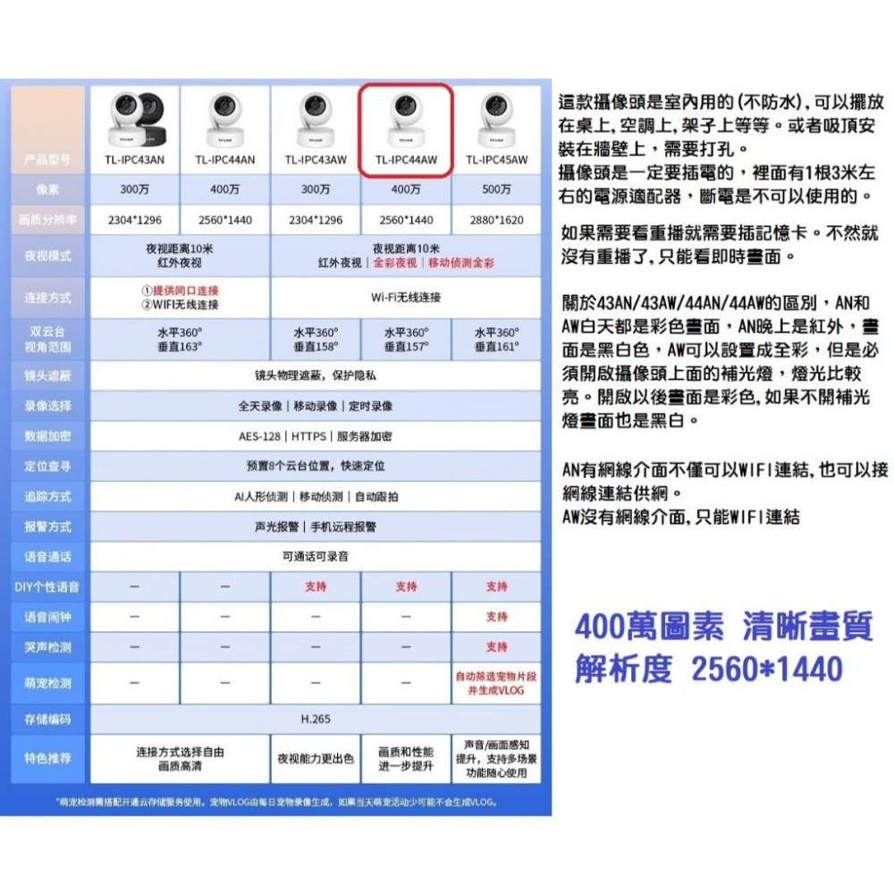 【現貨】TP-LINK TL-IPC44AW 400萬高清攝像頭 全彩 雲台 手機遠端WIFI 家用室內監控鏡頭 可錄音-細節圖3