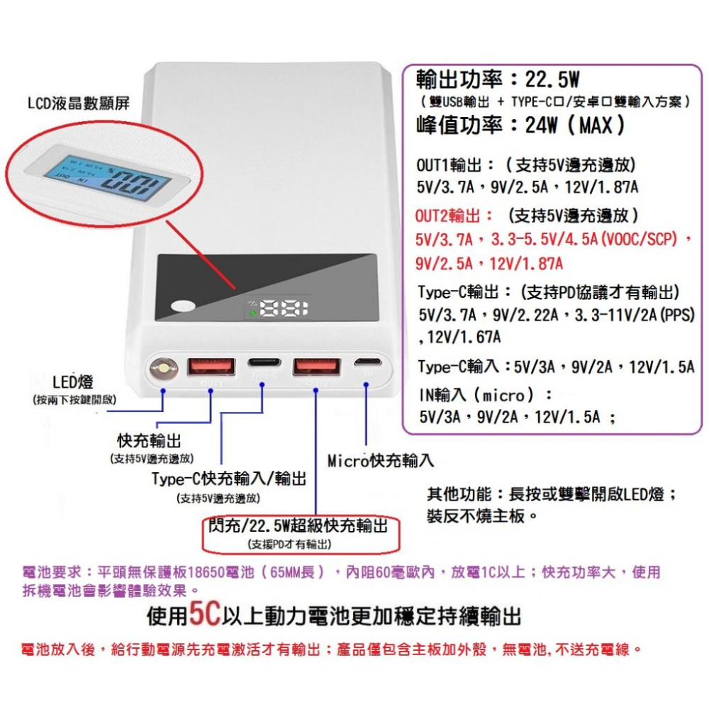 【現貨】2023新版 10節 可拆卸 行動電源盒 24W快充DIY套件 液晶顯示 18650鋰電池 可當充電器 免焊-細節圖2