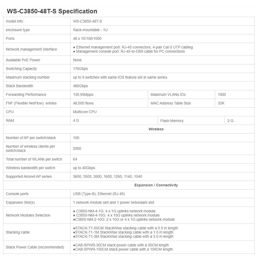 【全新原裝】思科 Cisco WS-C3850-48T-S 單電源 支持獨立式和堆疊式 交換機 三層 Switch-細節圖6