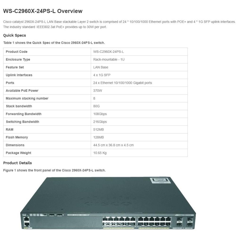 【全新現貨】思科 Cisco WS-C2960X-24PS-L 網路交換器 4xSFP 網管 L2 POE Switch-細節圖2
