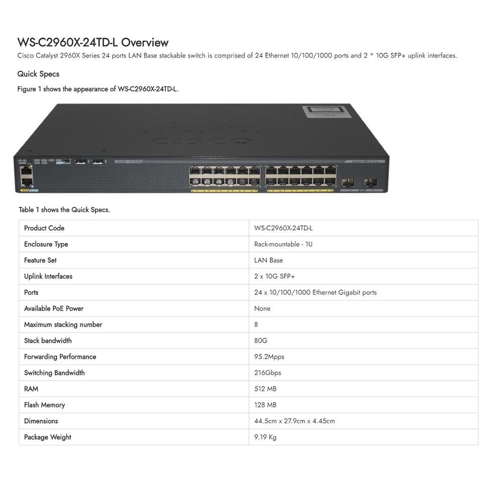 【現貨】思科 Cisco WS-C2960X-24TD-L 網路交換器 2x10G SFP網管型 全新盒裝 Switch-細節圖2
