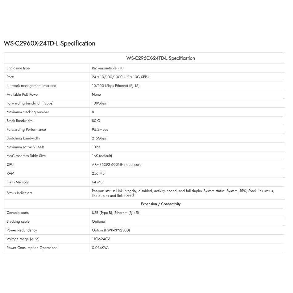 【現貨】思科 Cisco WS-C2960X-24TD-L 網路交換器 2x10G SFP網管型 全新盒裝 Switch-細節圖5