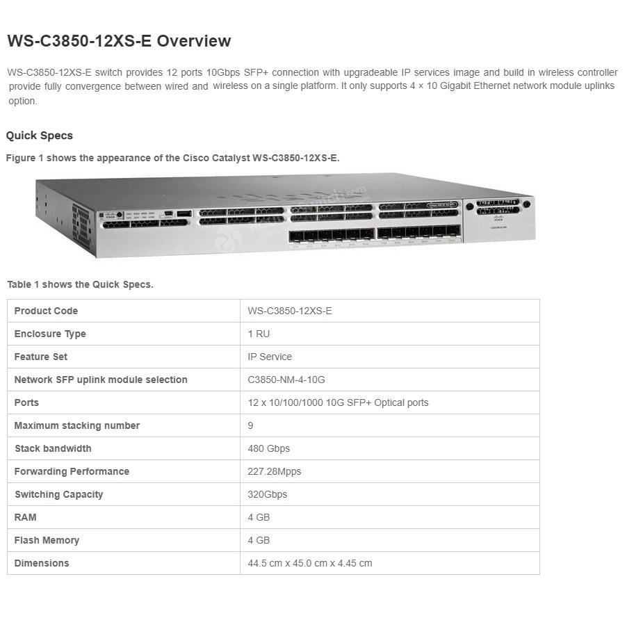 【全新原裝】思科 Cisco WS-C3850-12XS-E 12 SFP 10G 企業級 堆疊式 交換機 三層-細節圖2