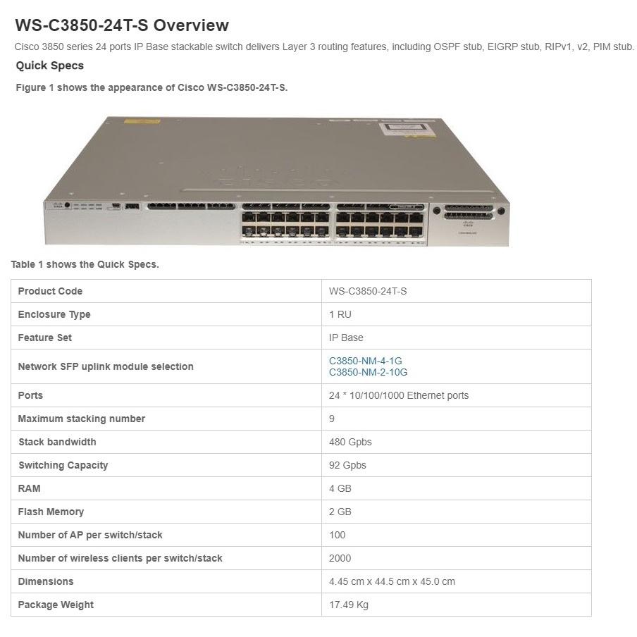 【全新原裝】思科 Cisco WS-C3850-24T-S 單電源 企業級 堆疊式 交換機 三層 Switch-細節圖3