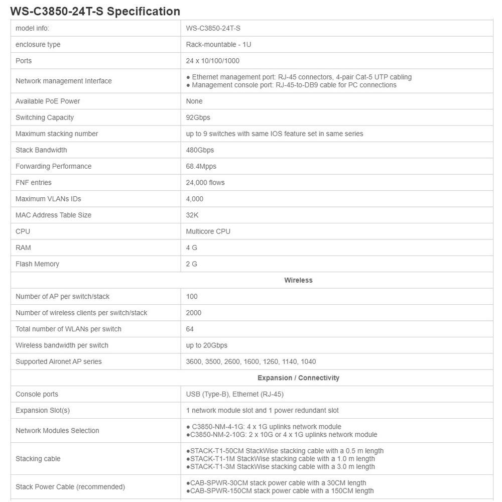 【全新原裝】思科 Cisco WS-C3850-24T-S 單電源 企業級 堆疊式 交換機 三層 Switch-細節圖6