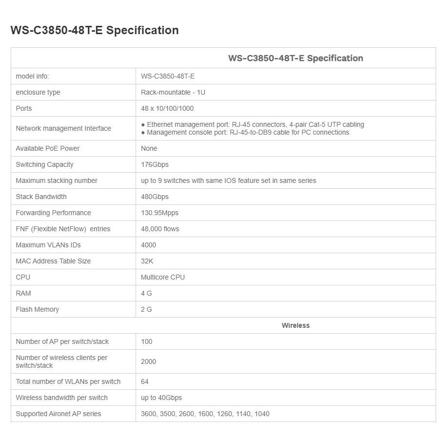 【全新原裝】思科 Cisco WS-C3850-48T-E 單電源 支持獨立式和堆疊式 交換機 三層 Switch-細節圖6