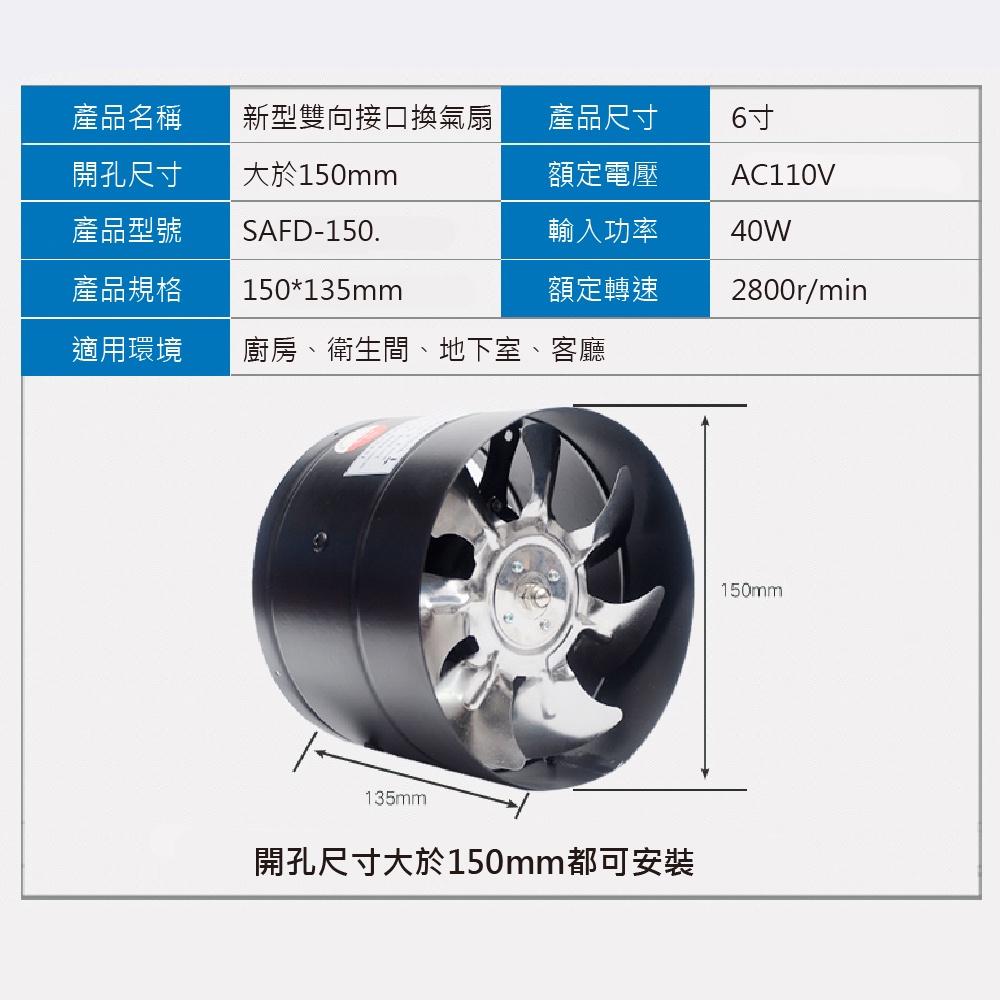 【高雄現貨】 直筒高速排風扇 排氣扇 40W 管道式換氣扇 6吋 150mm 帶插頭 110V 抽風 鼓風機 導風 排煙-細節圖8