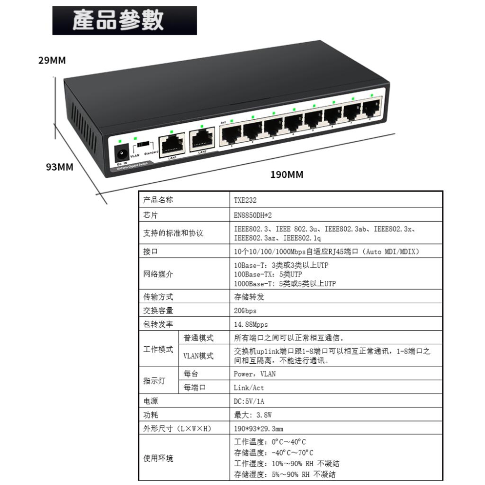 【全新現貨】10埠 Giga 1000M 鐵殼 乙太交換器 交換機 10port Vlan Switch 房東 宿舍必備-細節圖6