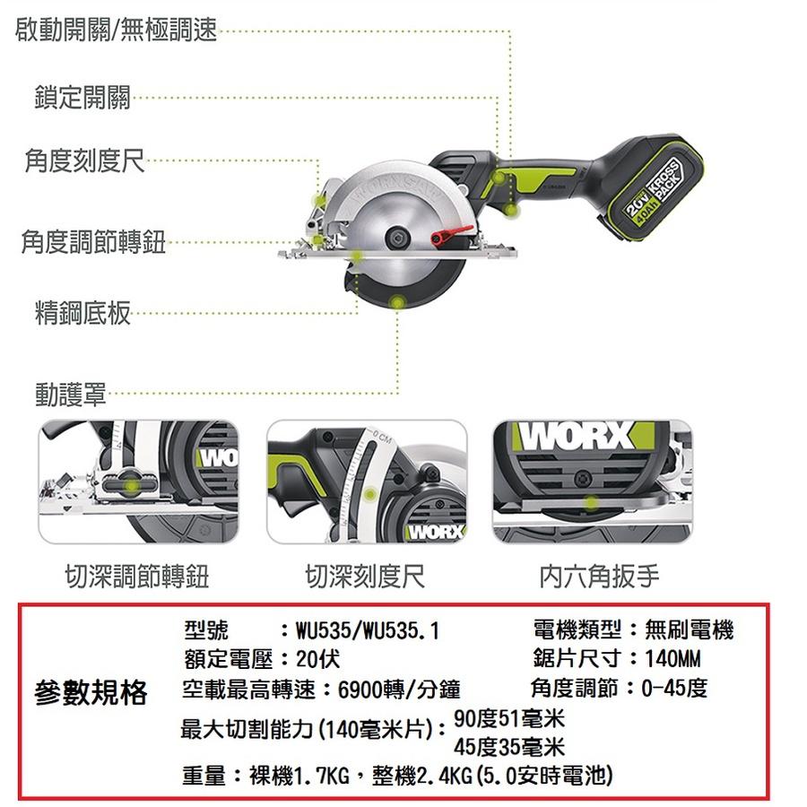 【全新公司貨】德國威克士 WORX WU535 無刷電鋸 20V鋰電池 圓鋸機 大功率 切割機 140MM WU533-細節圖7