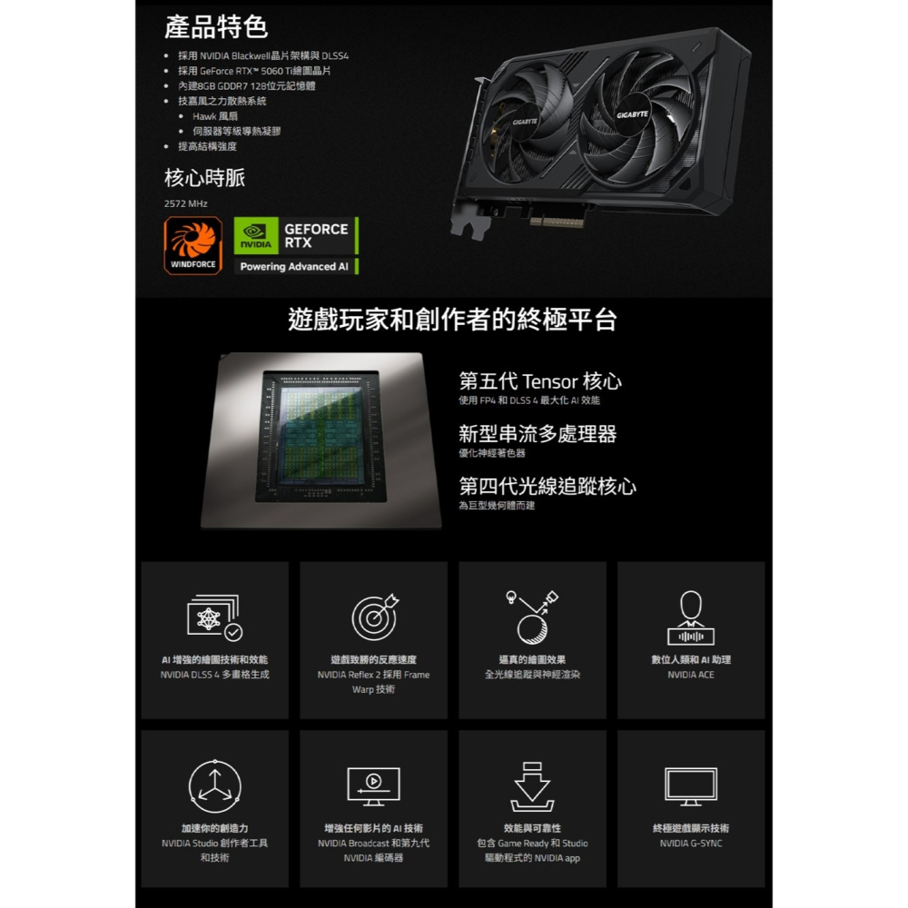 【全新現貨】技嘉 GeForce RTX 5060Ti WINDFORCE OC 8G 顯示卡 20.8 cm-細節圖2