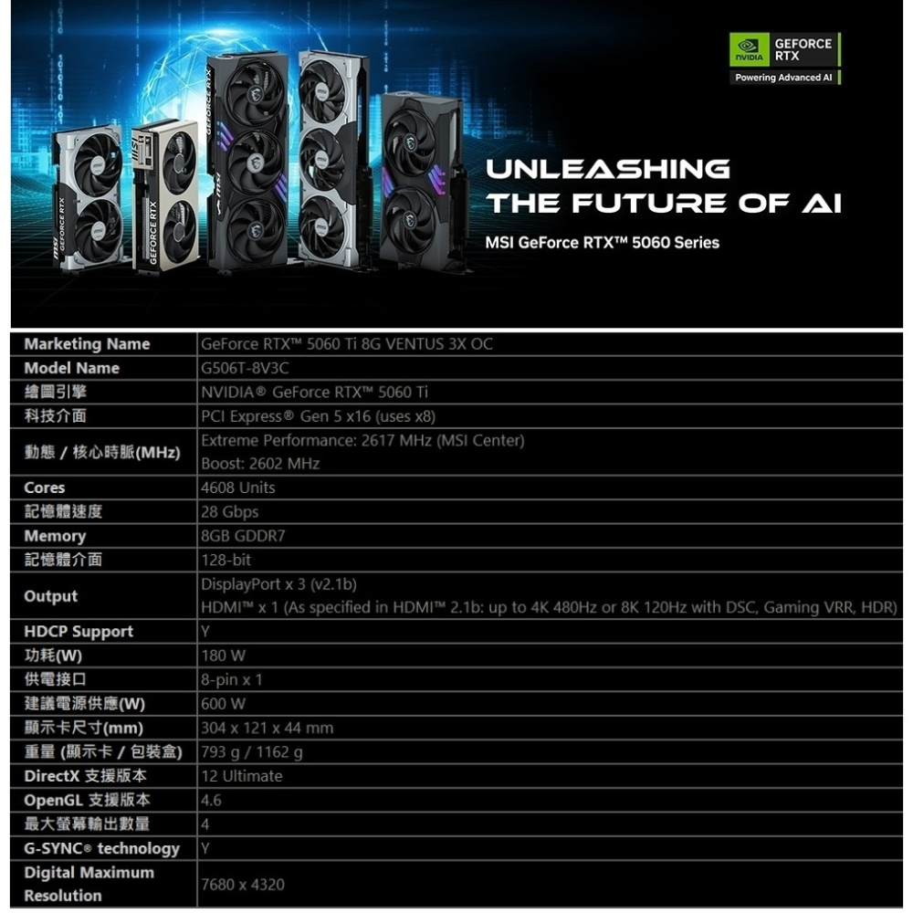 【全新現貨】MSI 微星 GeForce RTX 5060 Ti 8G VENTUS 3X OC 顯示卡 30.6 cm-細節圖3