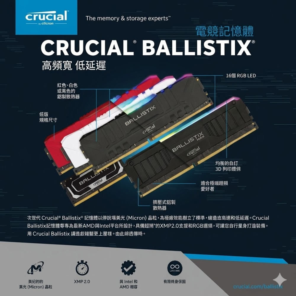【全新終身保固】美光 Crucial Ballistix DDR4 2666 8G 超頻/競技版/白色散熱片 桌上型-細節圖2