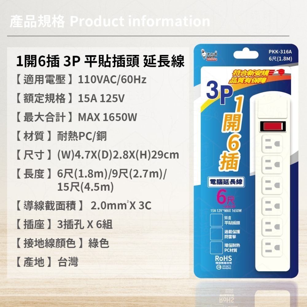 【純粹生活】電精靈 PKK-316A PKK-316B KK-316D 6尺 9尺 15尺 1開6插3P 電腦延長線-細節圖6