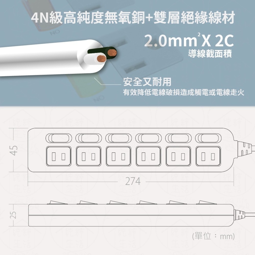 【電精靈】台灣製 PKK-266A PKK-266D 6尺 15尺 6開6插2P 平貼插頭 電腦延長線-細節圖6
