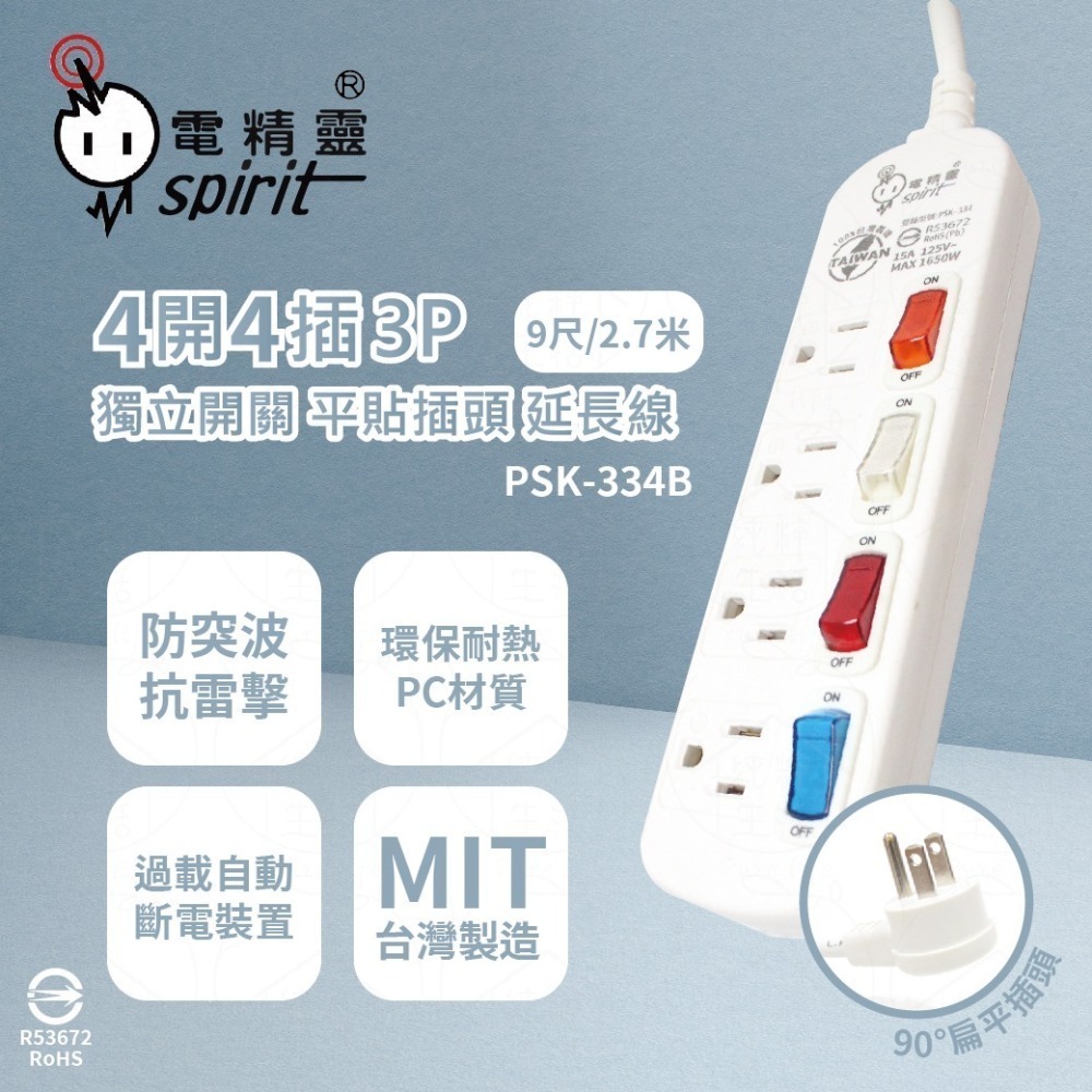 【電精靈】PSK-334A PKK-334B PSK-334D 6尺 9尺 15尺 4開4插3P 扁平插頭 電腦延長線-細節圖2