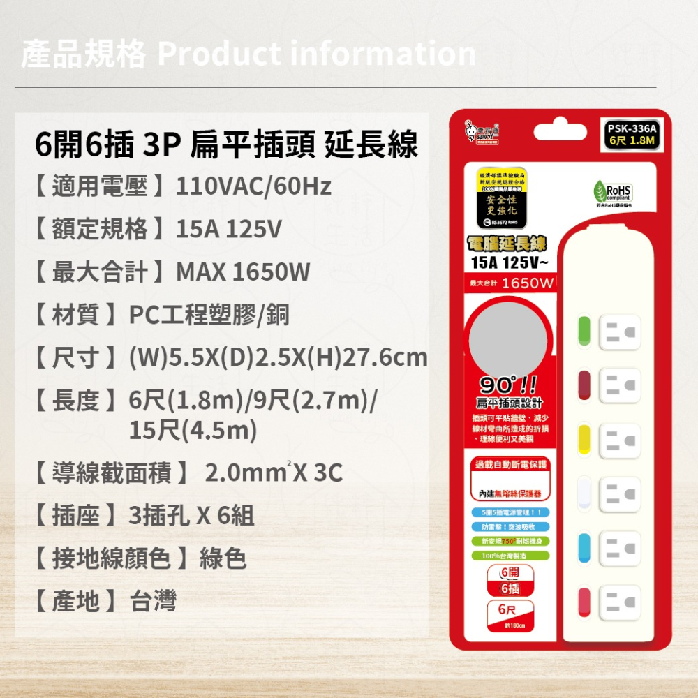 【電精靈】PSK-336A PKK-336B PSK-336D 6尺 9尺 15尺 6開6插3P 扁平插頭 電腦延長線-細節圖7