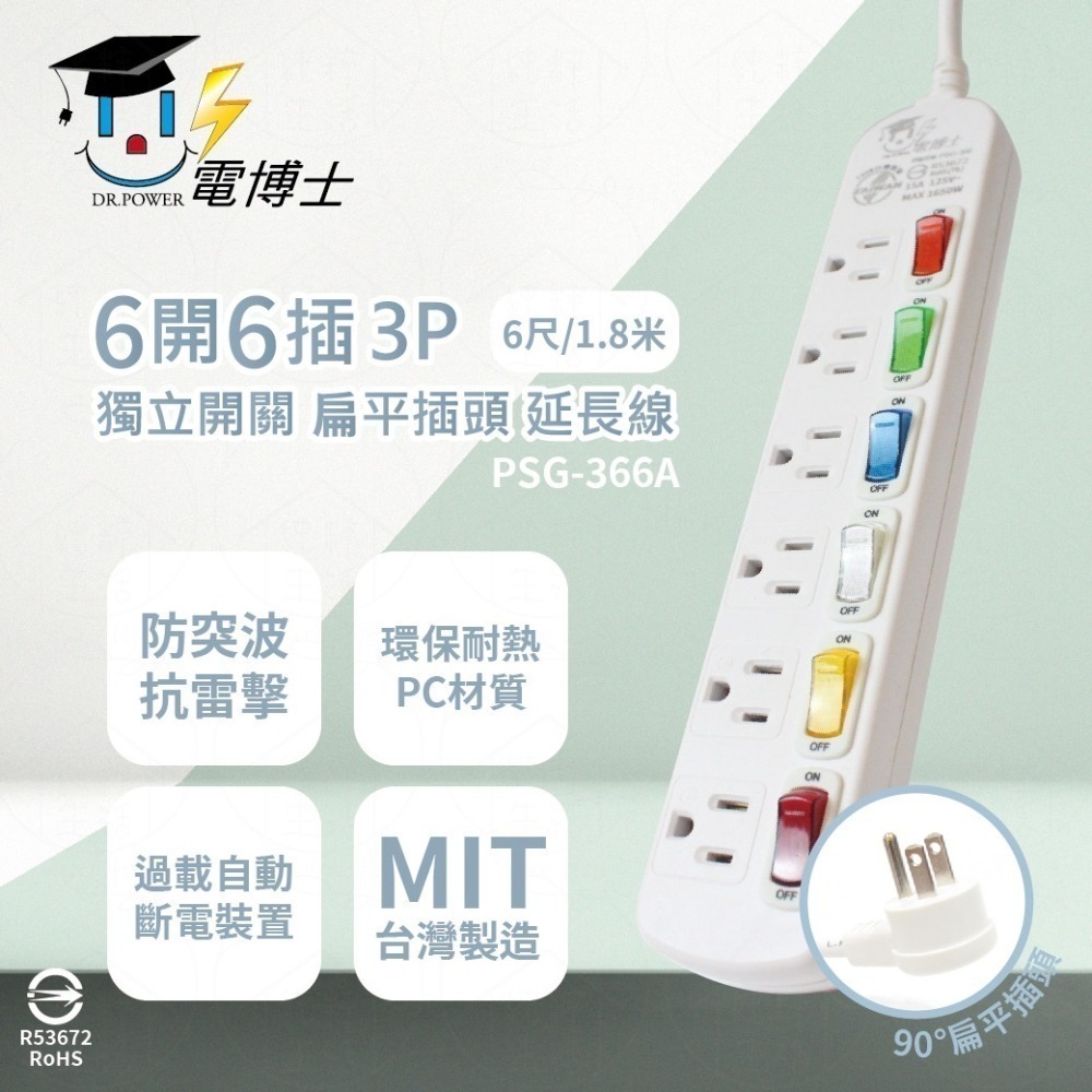 【電博士】PSG-366A PSG-366B PSG-366D 6尺 9尺 15尺 6開6插3P 扁平插頭 電腦延長線-細節圖3