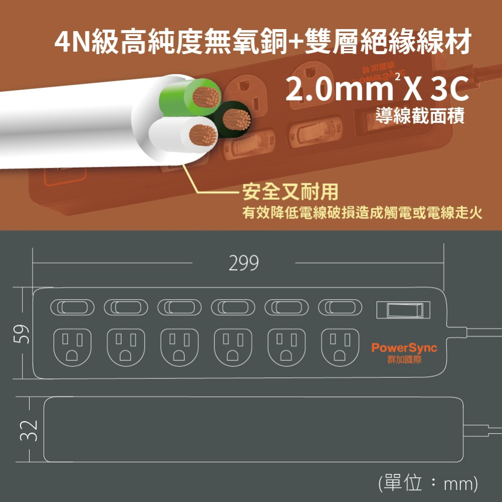 【純粹生活】群加 PowerSync TPS376TN0018 7開6插3孔 1.8m 6尺 防雷擊抗搖擺延長線-細節圖6