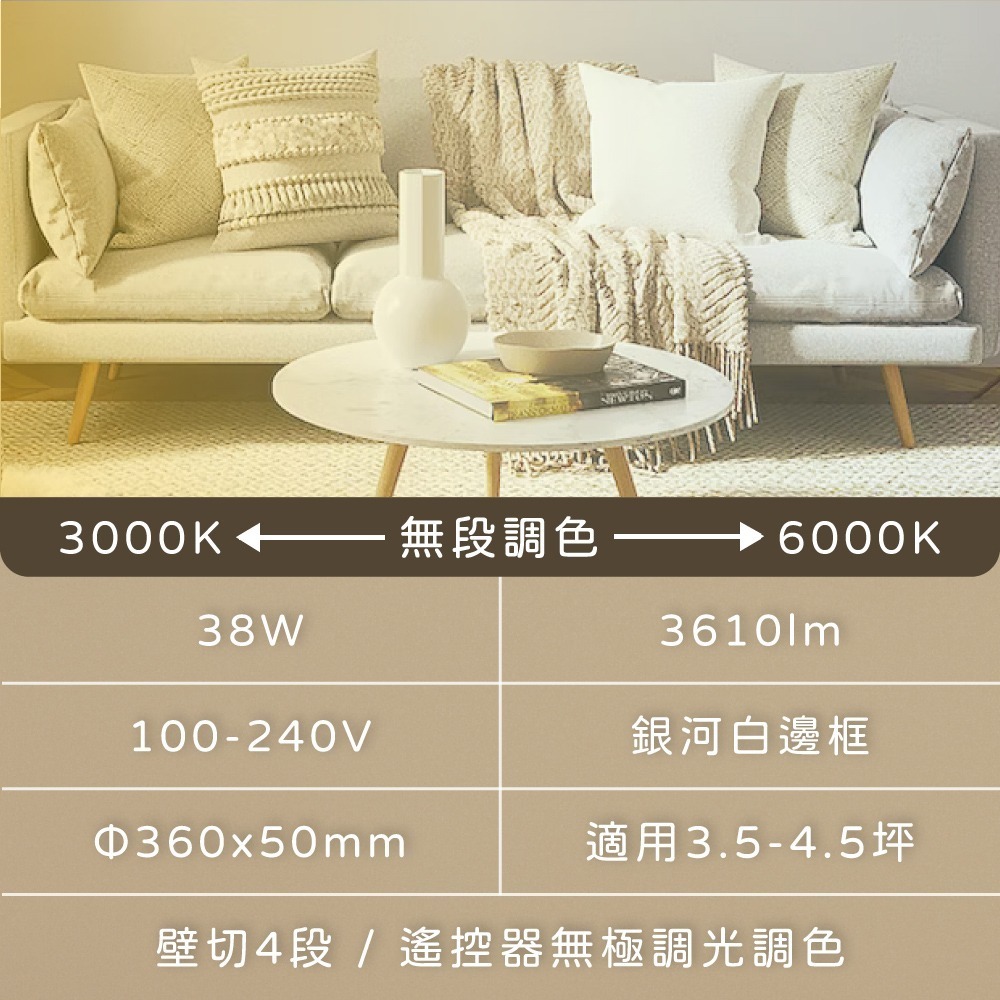 【純粹生活】無極調光調色 38W 銀河 簡約白框 全電壓 遙控 LED吸頂燈 附遙控器-細節圖5