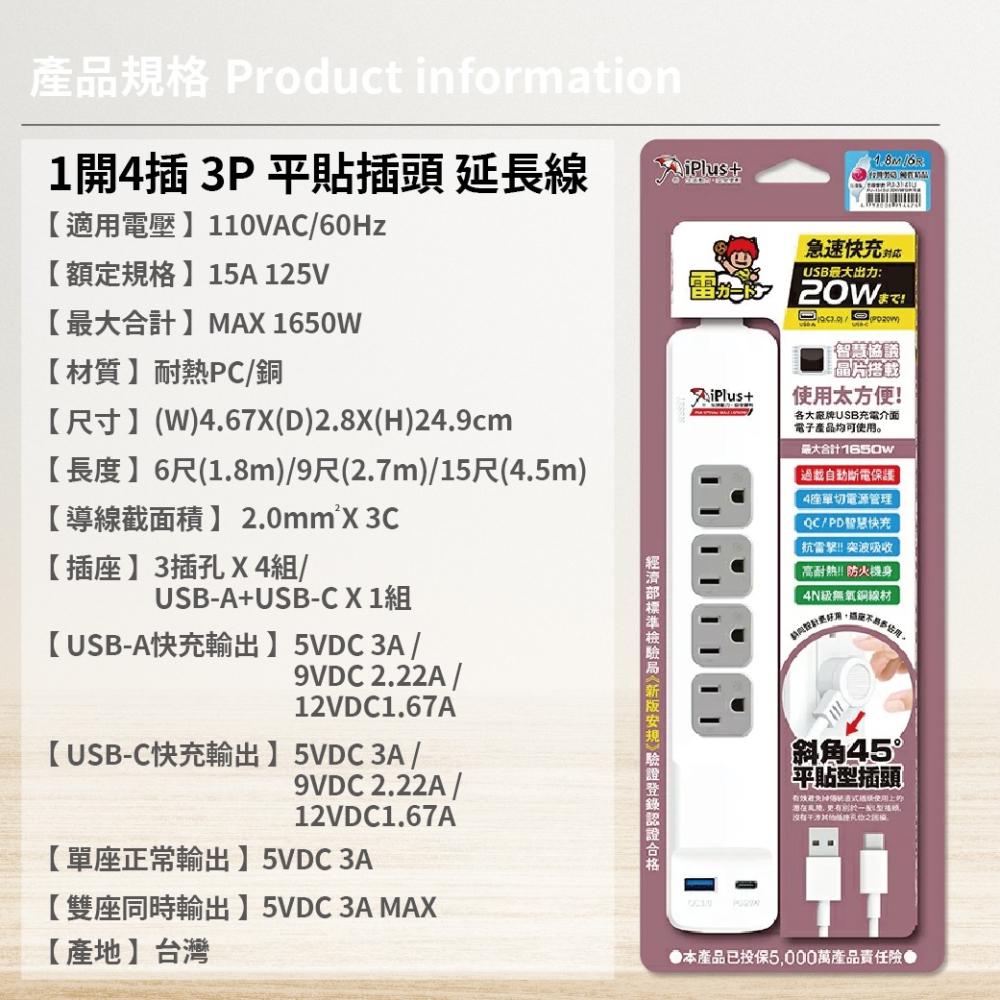 【純粹生活】保護傘 iplus+ 台灣製 PU-3141U 3P 1切4插 USB 智慧快充組 電源延長線-細節圖6