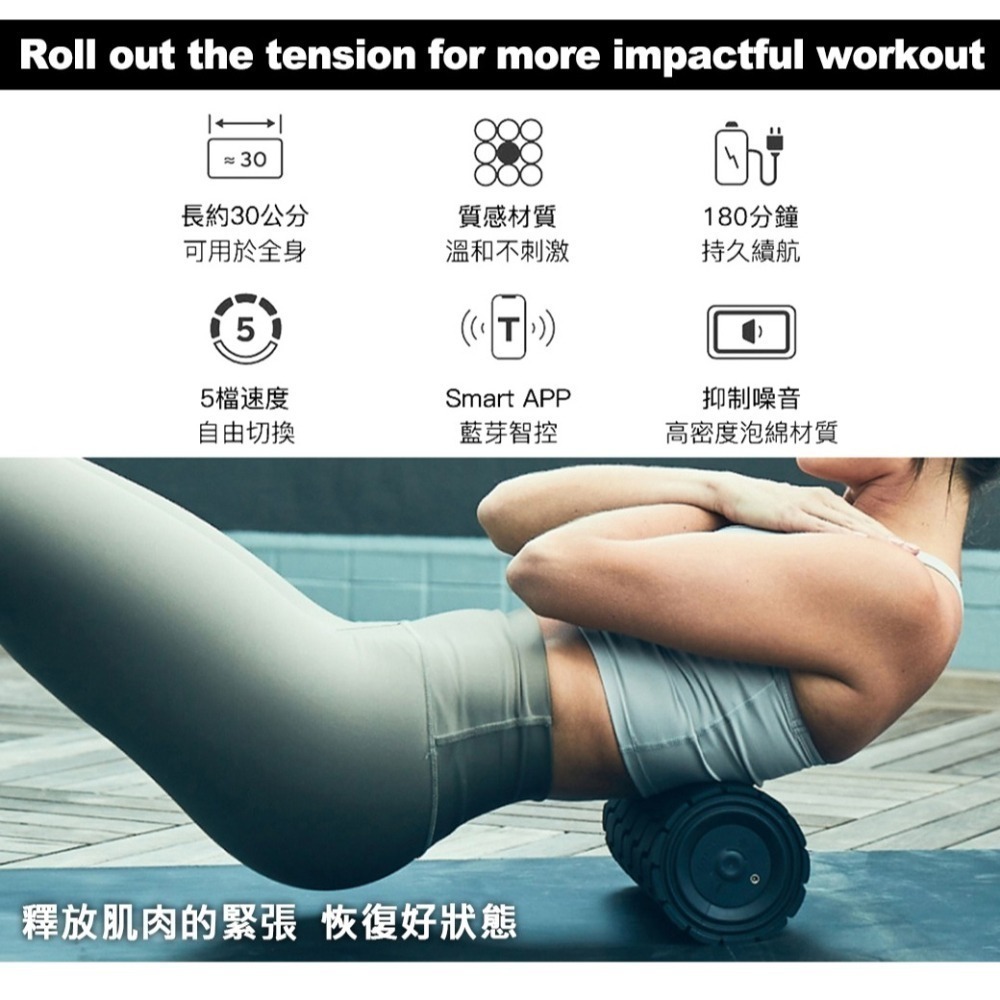 【現貨刷卡】THERAGUN Wave Roller 藍芽智慧型震動按摩滾筒/滾輪/瑜珈柱 5檔速/泡沫軸/30cm-細節圖7