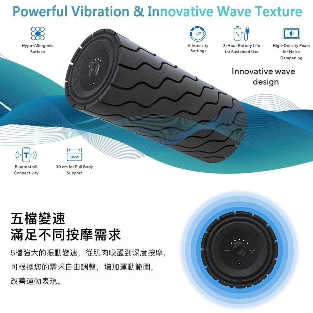 【現貨刷卡】THERAGUN Wave Roller 藍芽智慧型震動按摩滾筒/滾輪/瑜珈柱 5檔速/泡沫軸/30cm-細節圖8