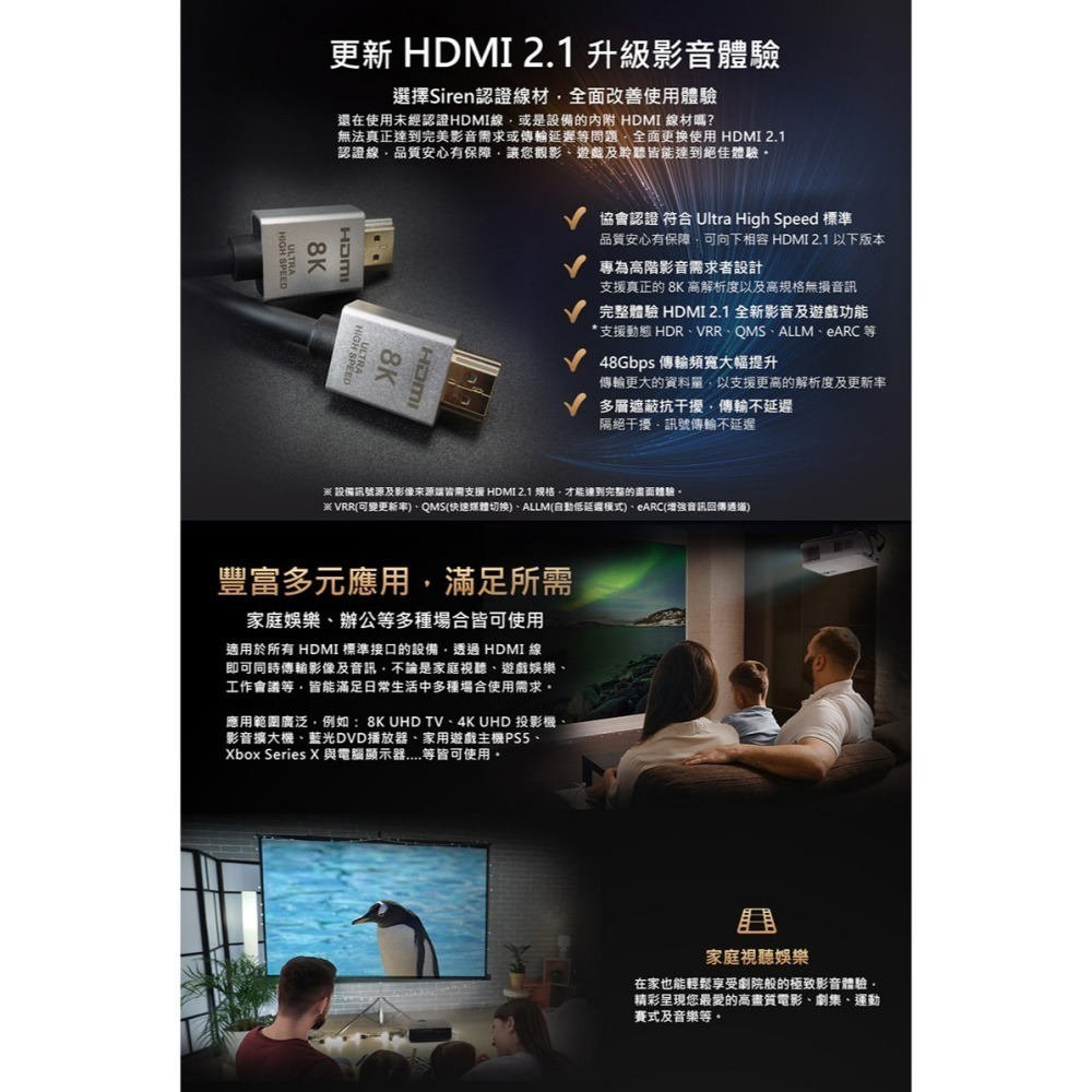 【現貨刷卡附發票】Siren 真8K 協會認證 HDMI2.1高畫質 24K鍍金抗干擾傳輸線[夢遊館]-細節圖3