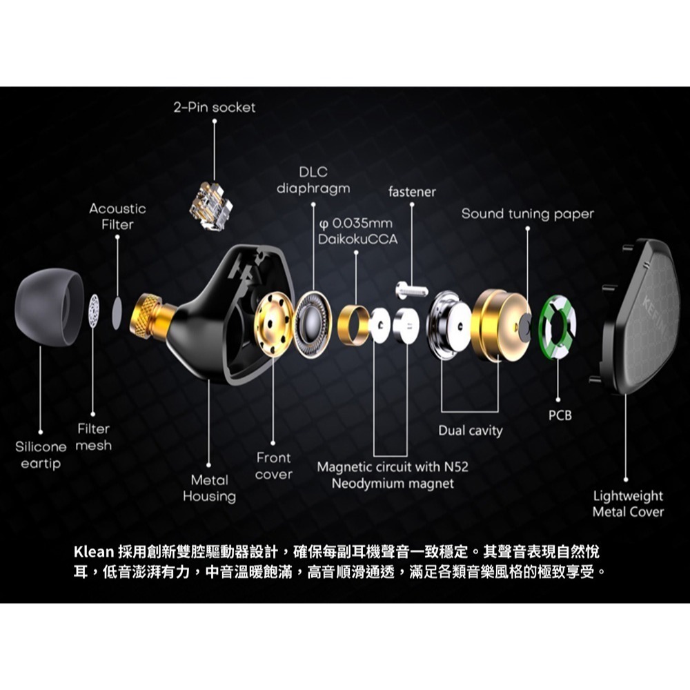 【台灣公司貨一年保固】KEFINE 柯凡 Klean 10mm DLC 動圈振膜 雙腔驅動 入耳式耳機-細節圖4