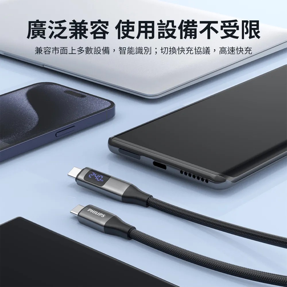 【全新】Philips飛利浦 C to C 240W 大功率PD 數位顯示編織快充線 2M 125cm DLC4583-細節圖8