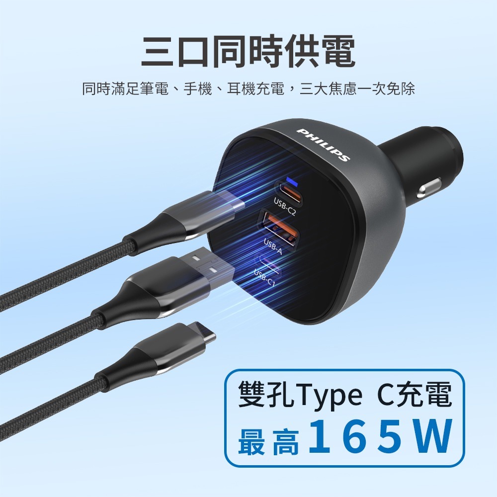 【全新現貨】PHILIPS飛利浦 黑金剛 PD 165W 快充 Type-C+USB 3孔車用充電器 DLP3539C-細節圖4