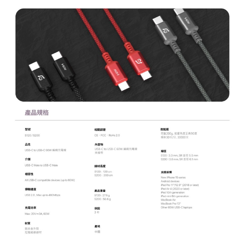 【全新現貨附發票】ADAM 亞果元素 S120／S200 USB-C 對 USB-C 60W 編織充電傳輸線 TypeC-細節圖6