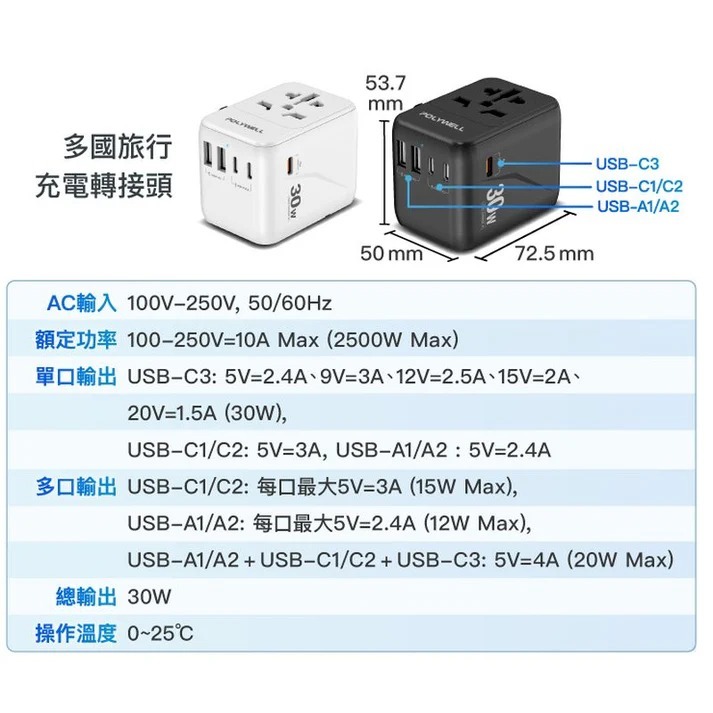 台灣現貨 POLYWELL 多合一萬國轉接頭 旅行轉接插座 30W 三Type-C+雙USB-A 寶利威爾 BSMI免驗-細節圖11