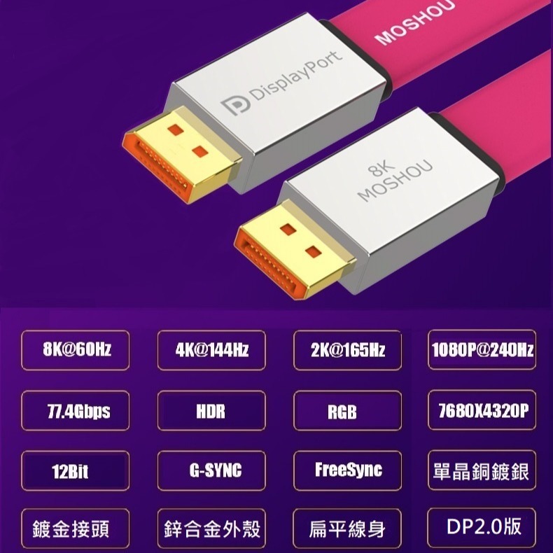 MOSHOU魔獸DP線2.0版扁平旗艦款單晶銅全鍍銀8K@60Hz 4K@144Hz兼容1.4版-細節圖4