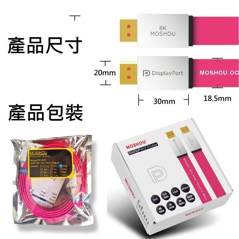 MOSHOU魔獸DP線2.0版扁平旗艦款單晶銅全鍍銀8K@60Hz 4K@144Hz兼容1.4版-細節圖10