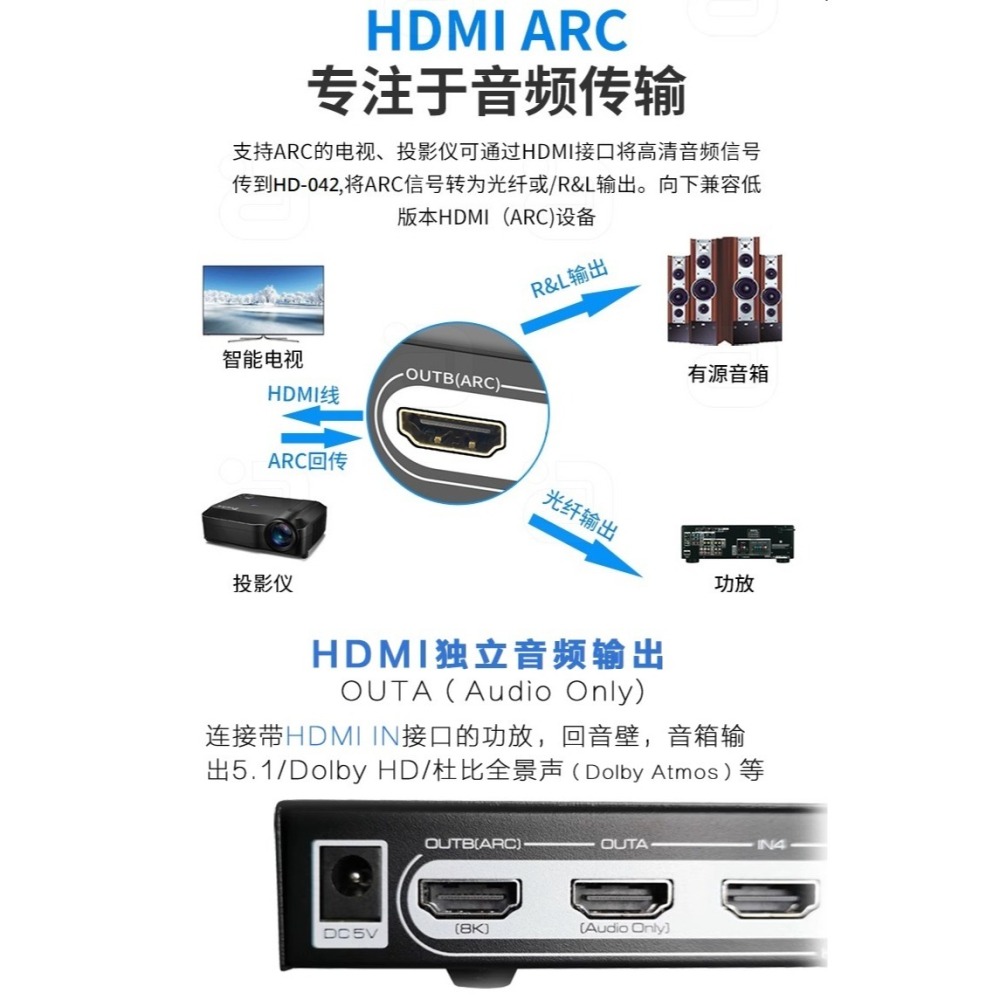 魔獸 HDMI 2.1版 4進1出 音頻分離 Swith PS4 PS5 8K 60Hz 4K 120HZ 遙控 ARC-細節圖5
