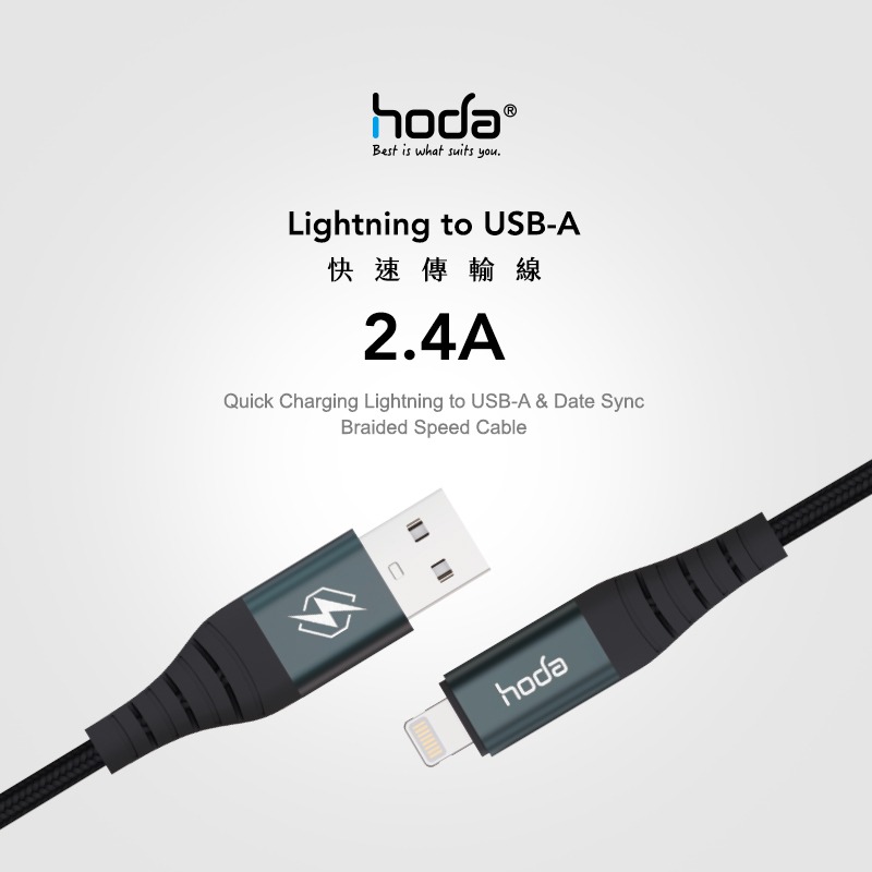 hoda Lightning USB W3 尼龍編織 2.4A快速充電傳輸線-細節圖2