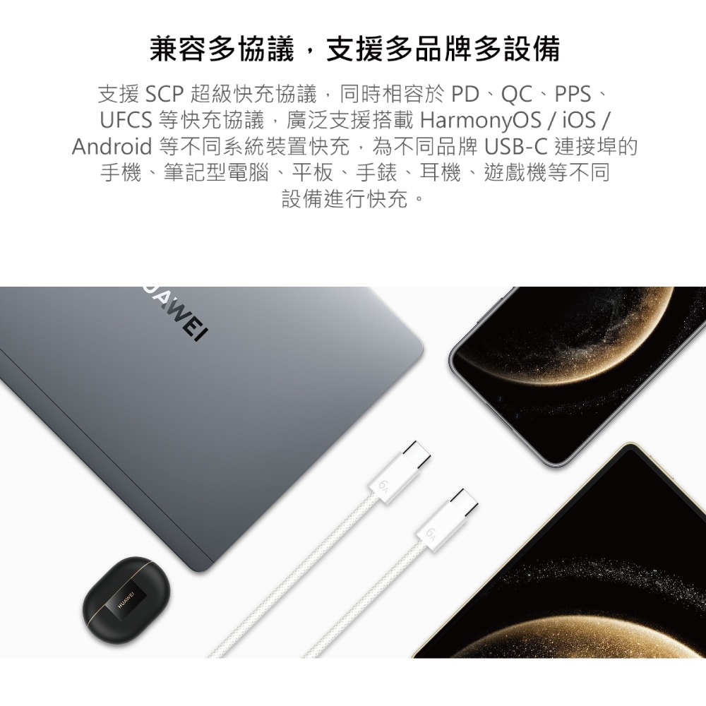 HUAWEI華為 原廠CC618 6A Type-C to Type-C 編織線 1.8m -白 (支援120W超快充)-細節圖8