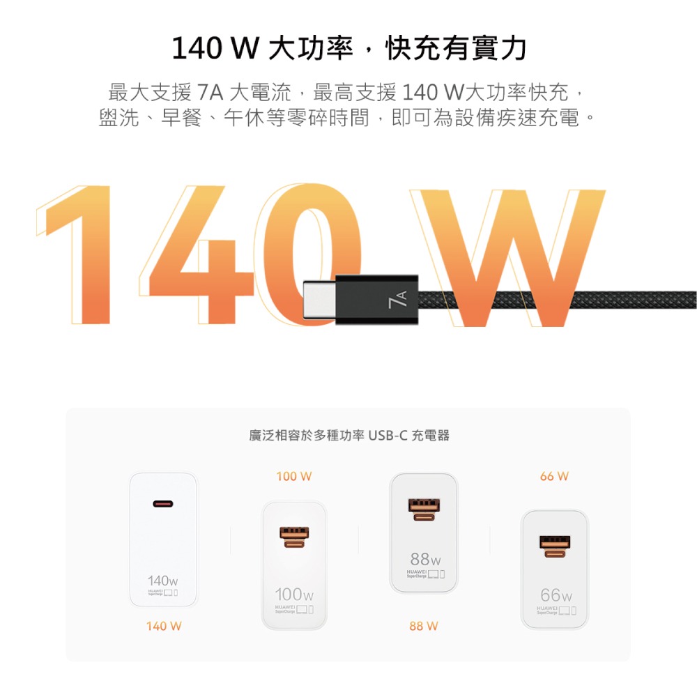 HUAWEI華為 原廠CC718 7A Type-C to Type-C 編織線 1.8m -黑 (支援140W超快充)-細節圖8