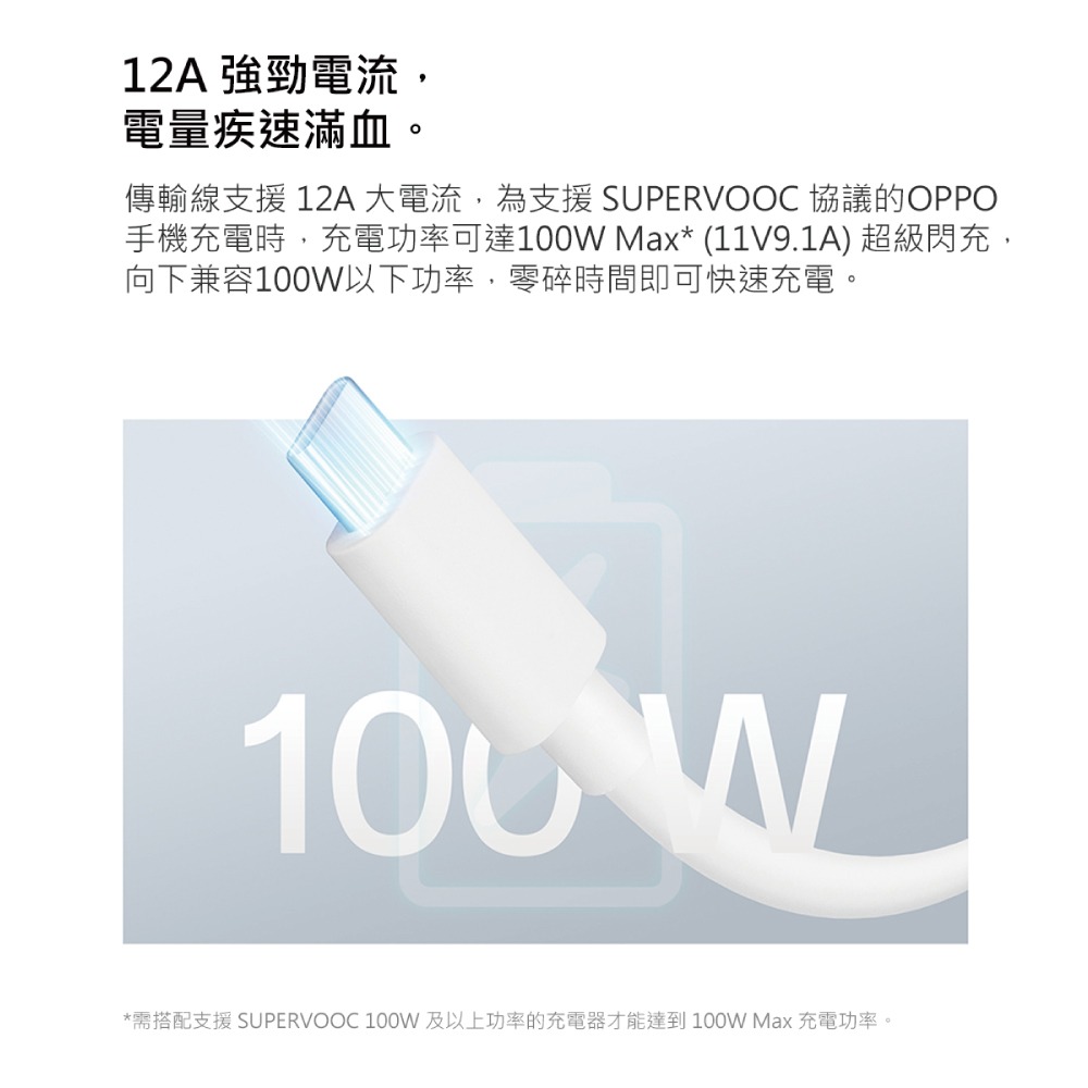 OPPO 原廠DL153 12A USB-A to Type-C 超閃充充電線 SuperVOOC 100W (盒裝)-細節圖8