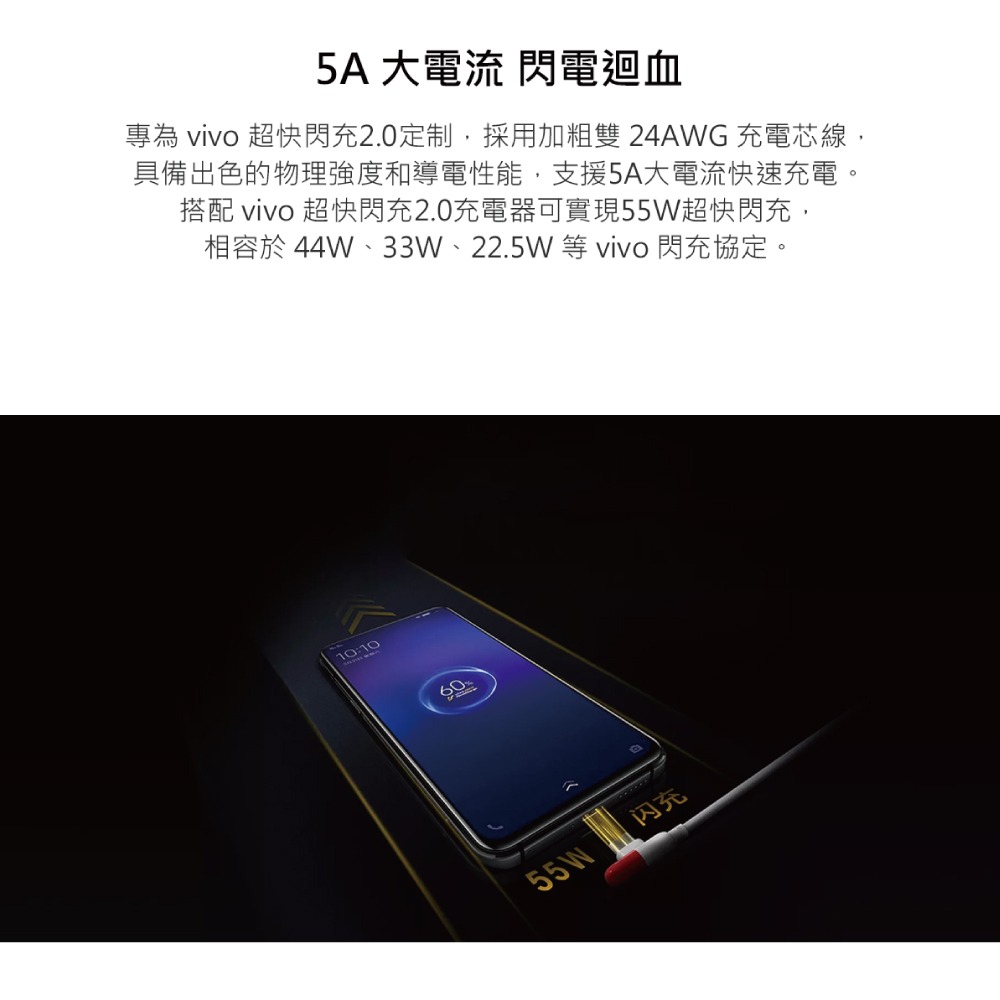 VIVO 原廠 iQOO 5A USB-A to Type-C 膠囊閃充充電線 1m -支援80W閃充 (盒裝)-細節圖9