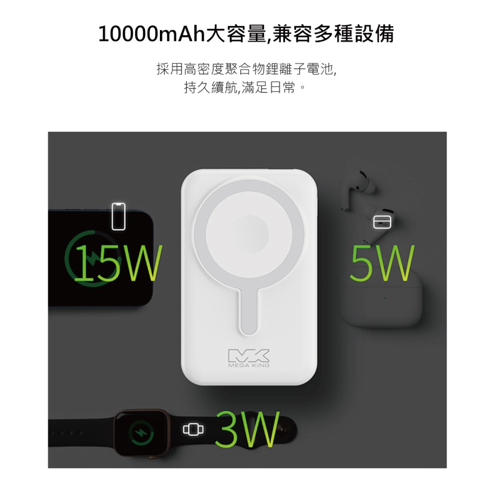 MEGA KING 原廠 10000mAh 多功能磁吸支架行動電源 / Qi無線充電 - 白 (盒裝)-細節圖7