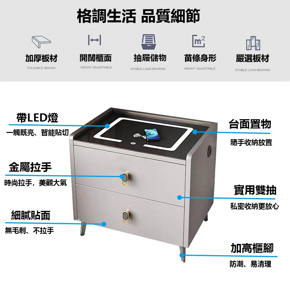 【台灣現貨 052】免組裝智能床頭櫃 帶無線充電 多功能床邊櫃 小櫃子 臥室床頭櫃 50公分雙抽床頭櫃 免運 可貨到付款-細節圖2